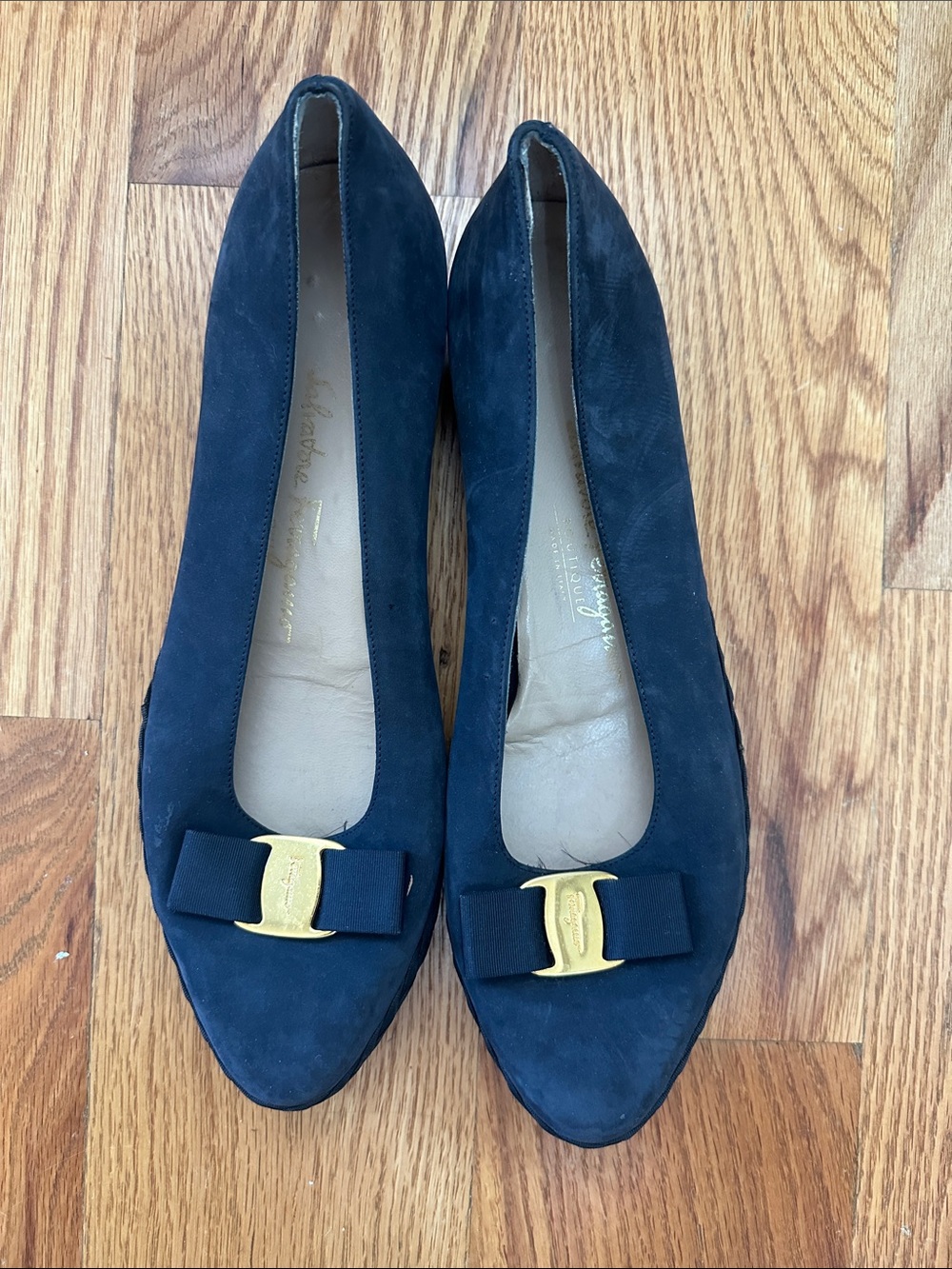 Salvatore Ferragamo Navy Suede Vara Bow Pointed-Toe Flats with Gold Hardware
